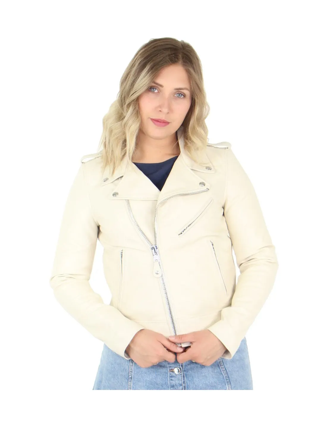 Blouson style perfecto Schott en cuir agneau ref_33479 Off White