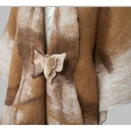 Châle poncho ruana pour femmes - brun cuivré et creme - 100% alpaga naturel feutré