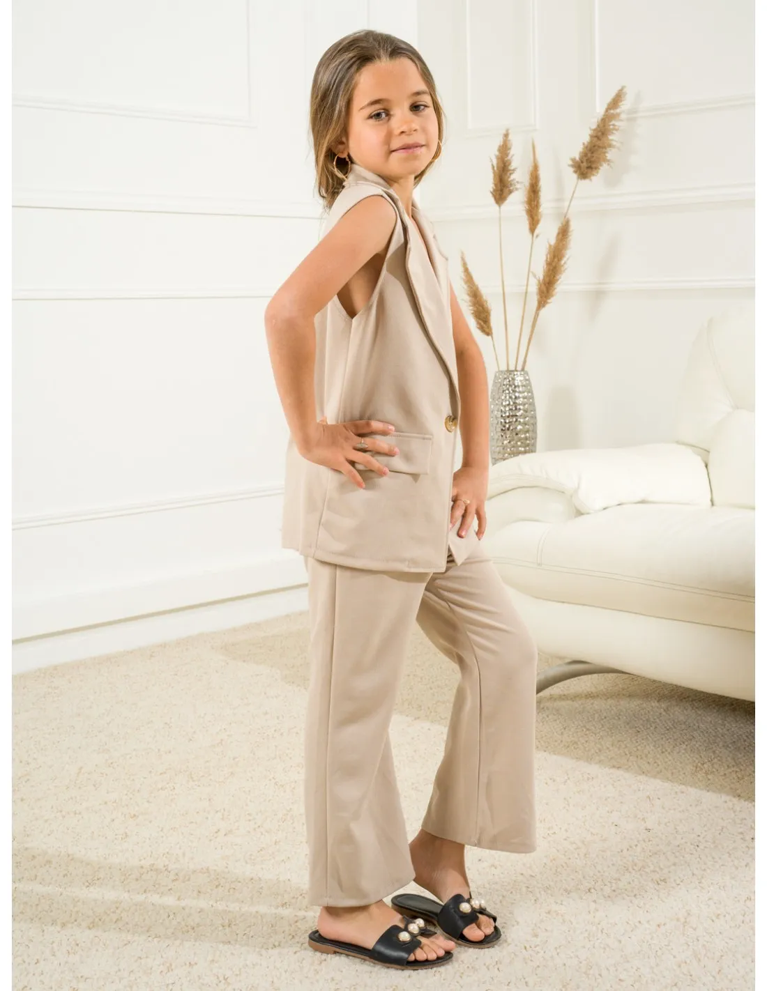 ENSEMBLE BLAZER SANS MANCHE-PANTALON - BEIGE / FILLE 4 À 14 ANS