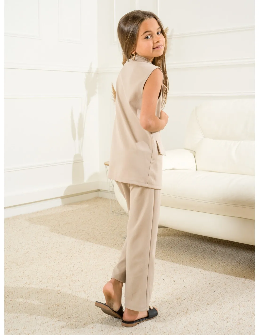 ENSEMBLE BLAZER SANS MANCHE-PANTALON - BEIGE / FILLE 4 À 14 ANS