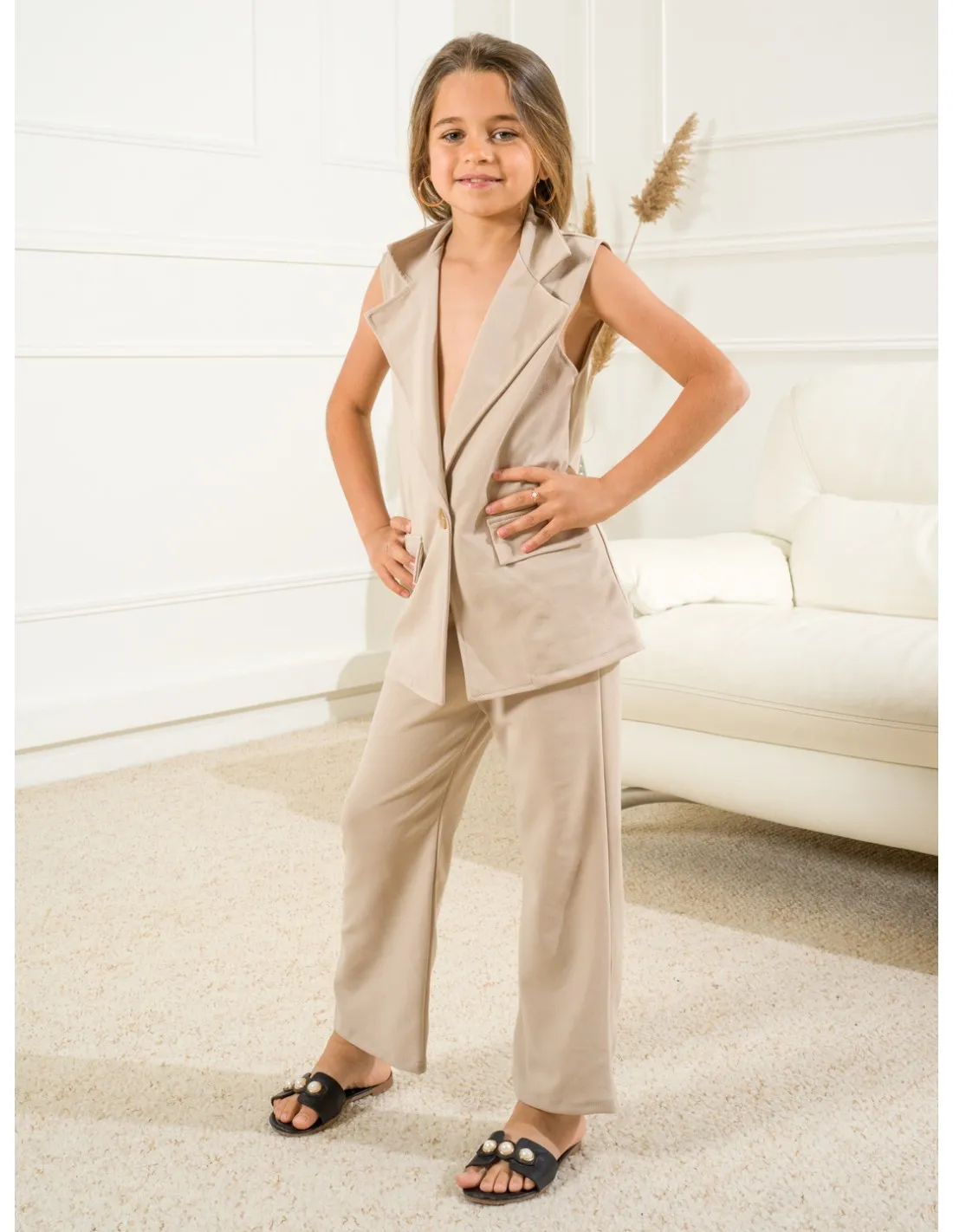 ENSEMBLE BLAZER SANS MANCHE-PANTALON - BEIGE / FILLE 4 À 14 ANS
