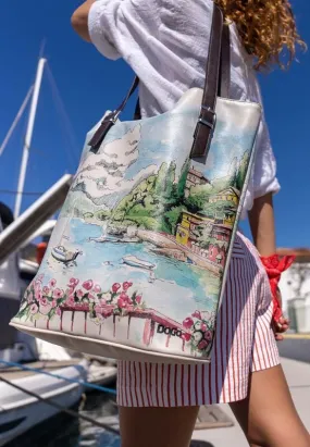 Femme Cuir Vegan Bleu Sac d'épaule - Lago di Como Motif
