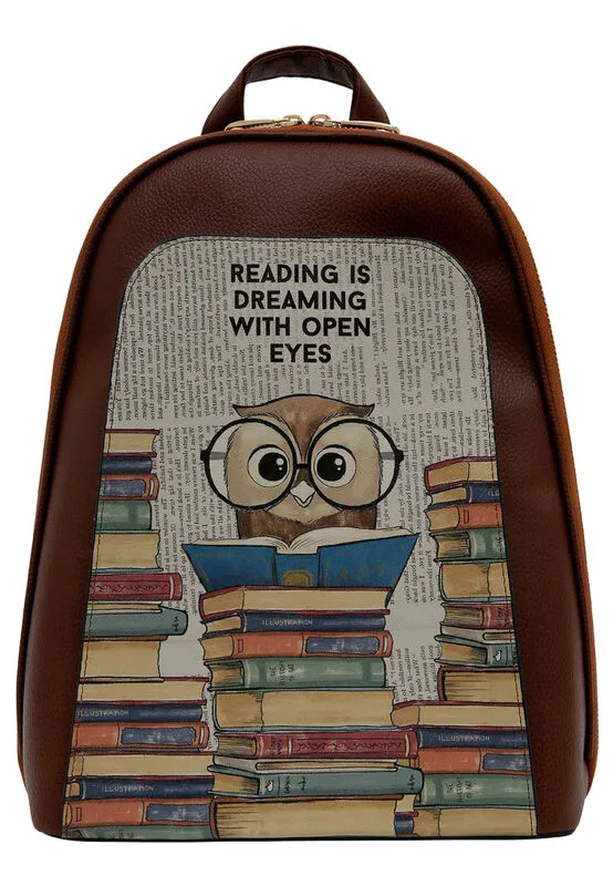 Femme Cuir Vegan Brun Sac à dos - The Wise Owl Motif