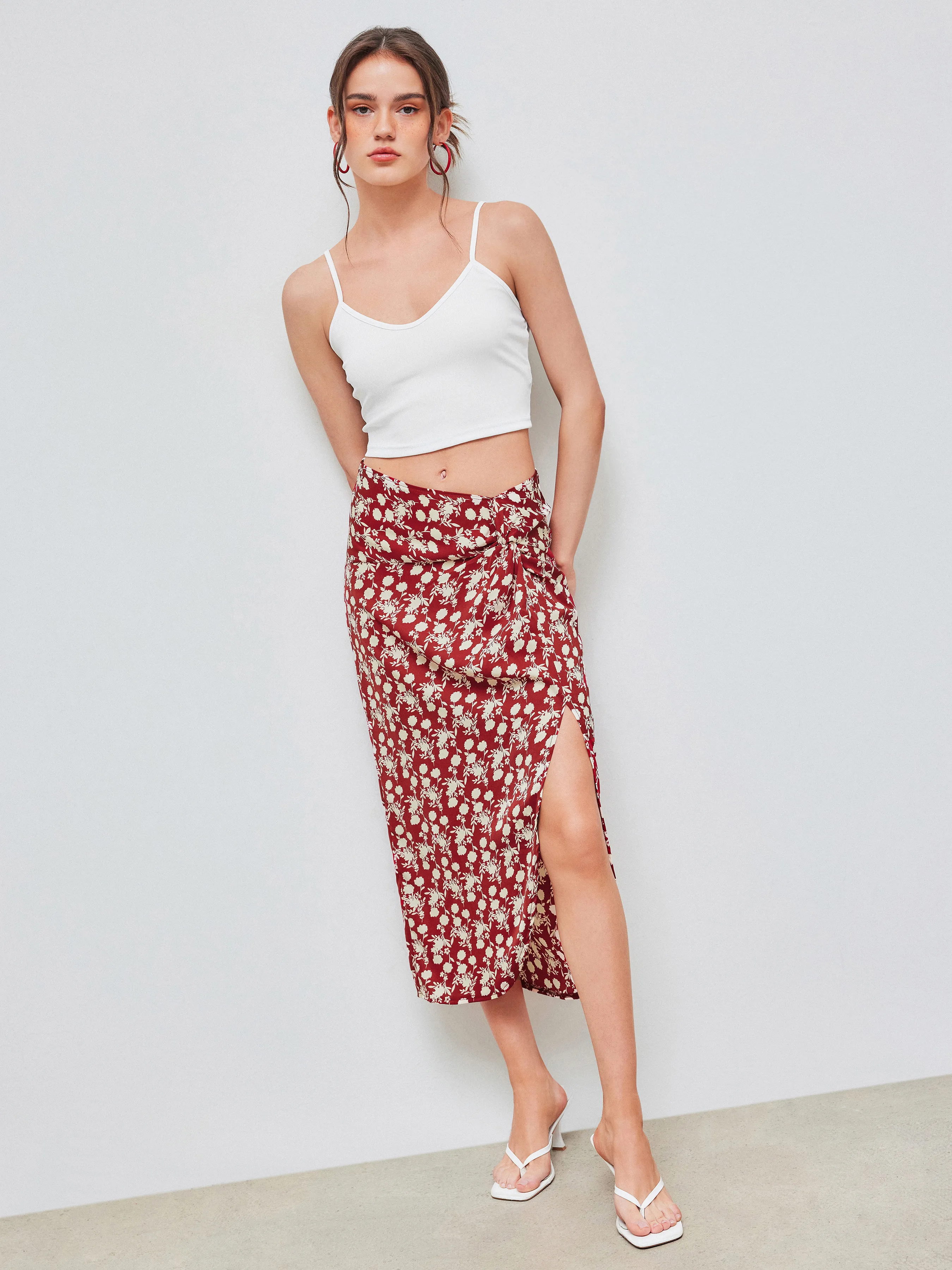  Haut Cami Uni & Jupe Longue Fendue Florale