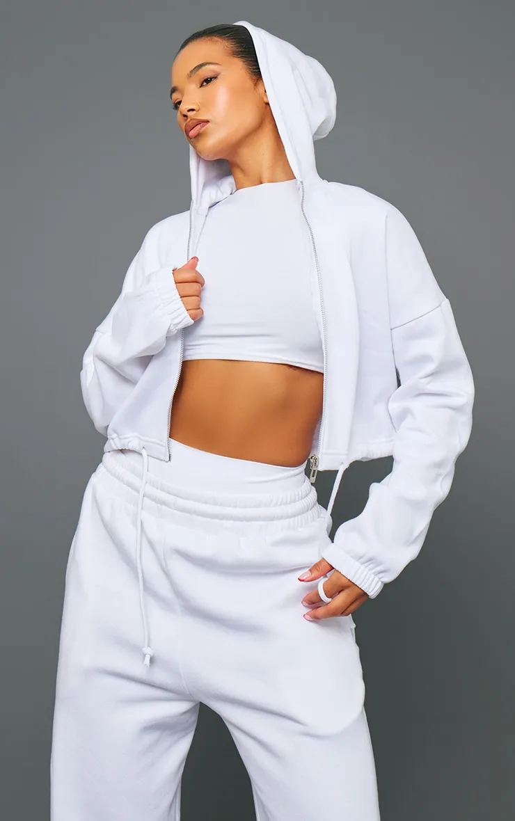 Hoodie court blanc à zip et cordons ajustables