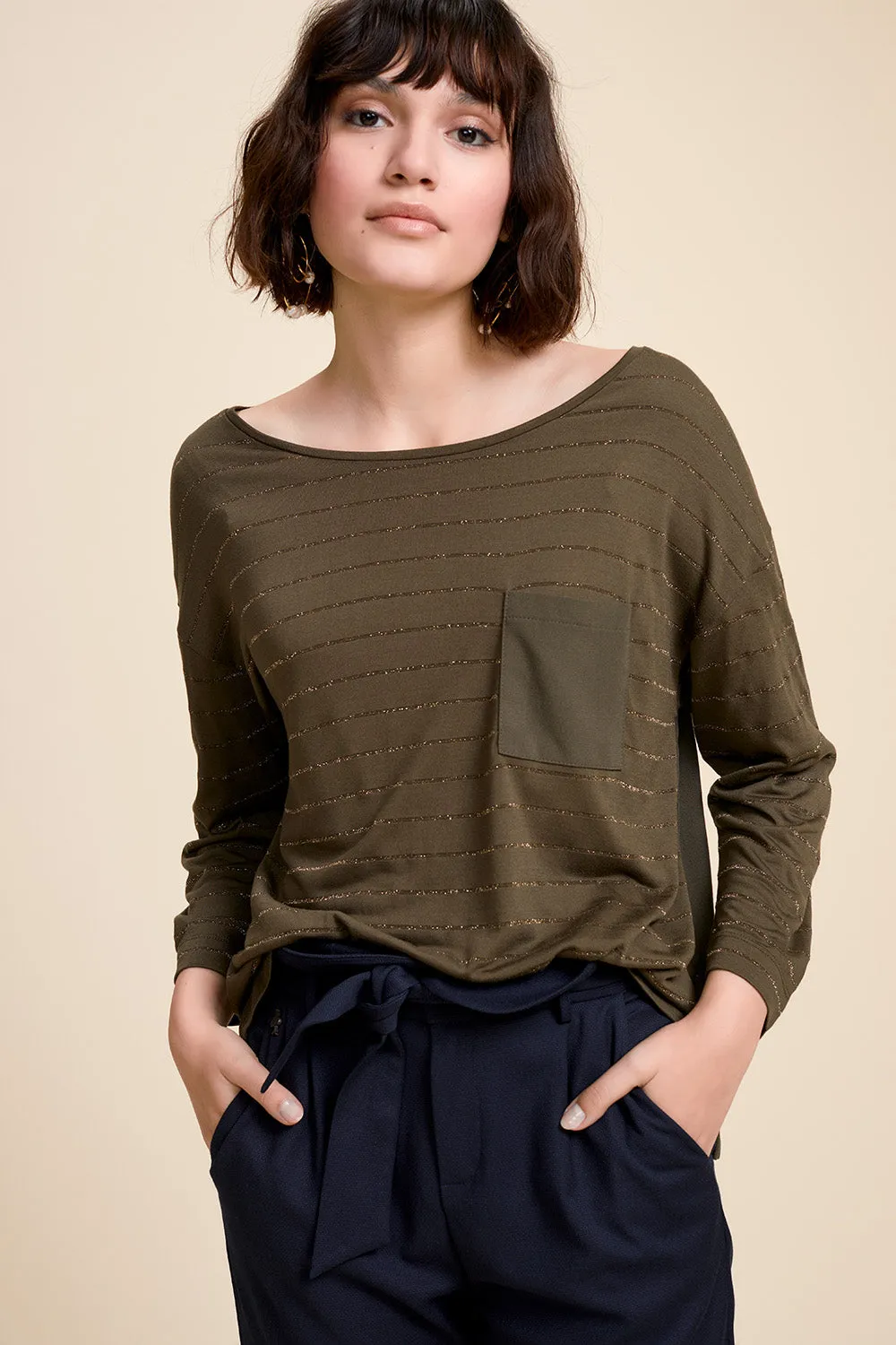 MAFIE - T-shirt kaki bi matière avec rayures dorées