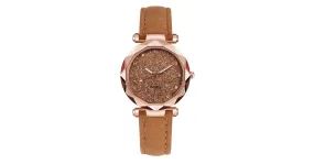 Montre femme ciel étoilé café bracelet cuir