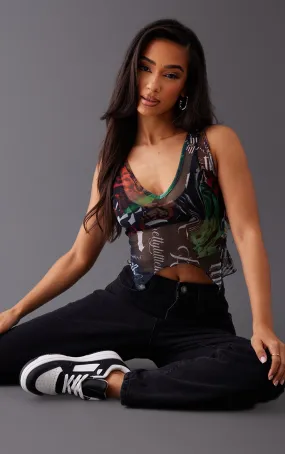 Petite Crop top imprimé graffitis verts à découpes