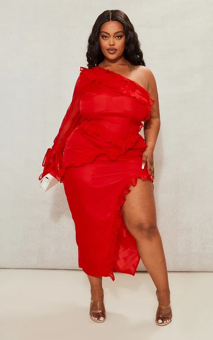 Plus Robe mi-longue asymétrique rouge à imprimé fleuri et volants
