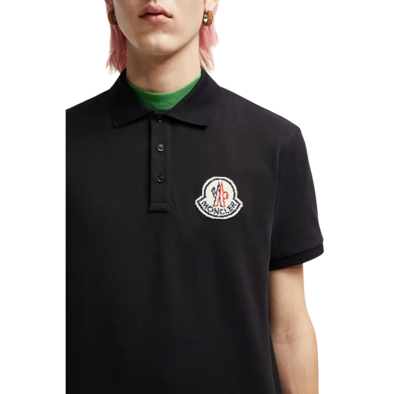 Polo manche courte coton piqué noir logo pixel