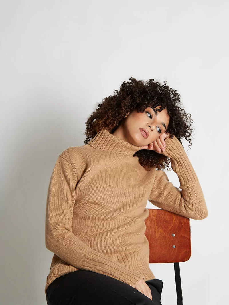 Pull femme col roulé en pure cachemire épais jauge 3