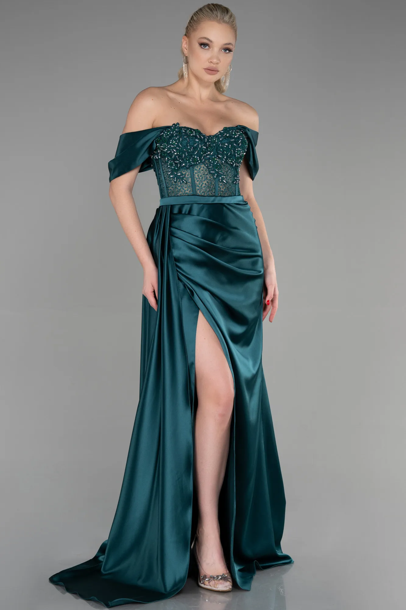 Robe de Soirée Longue Satin Émeraude ABU3997