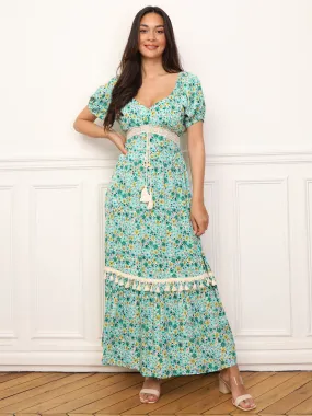 Robe longue à fleurs et détails crochet- Vert
