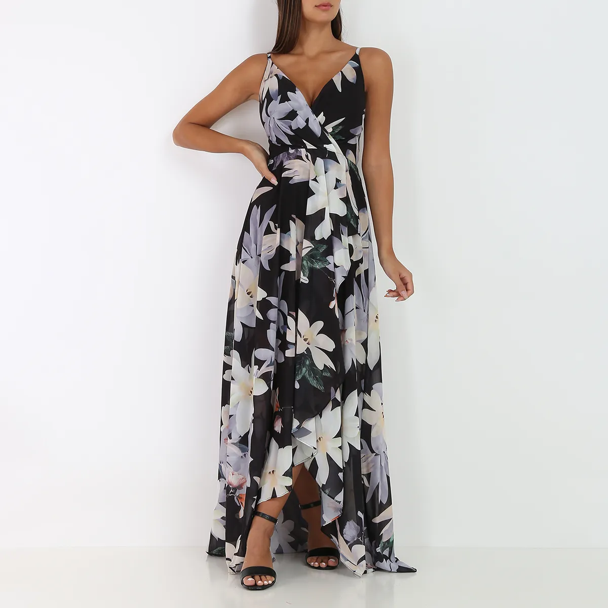 Robe longue fendue asymétrique à fleurs- Noir