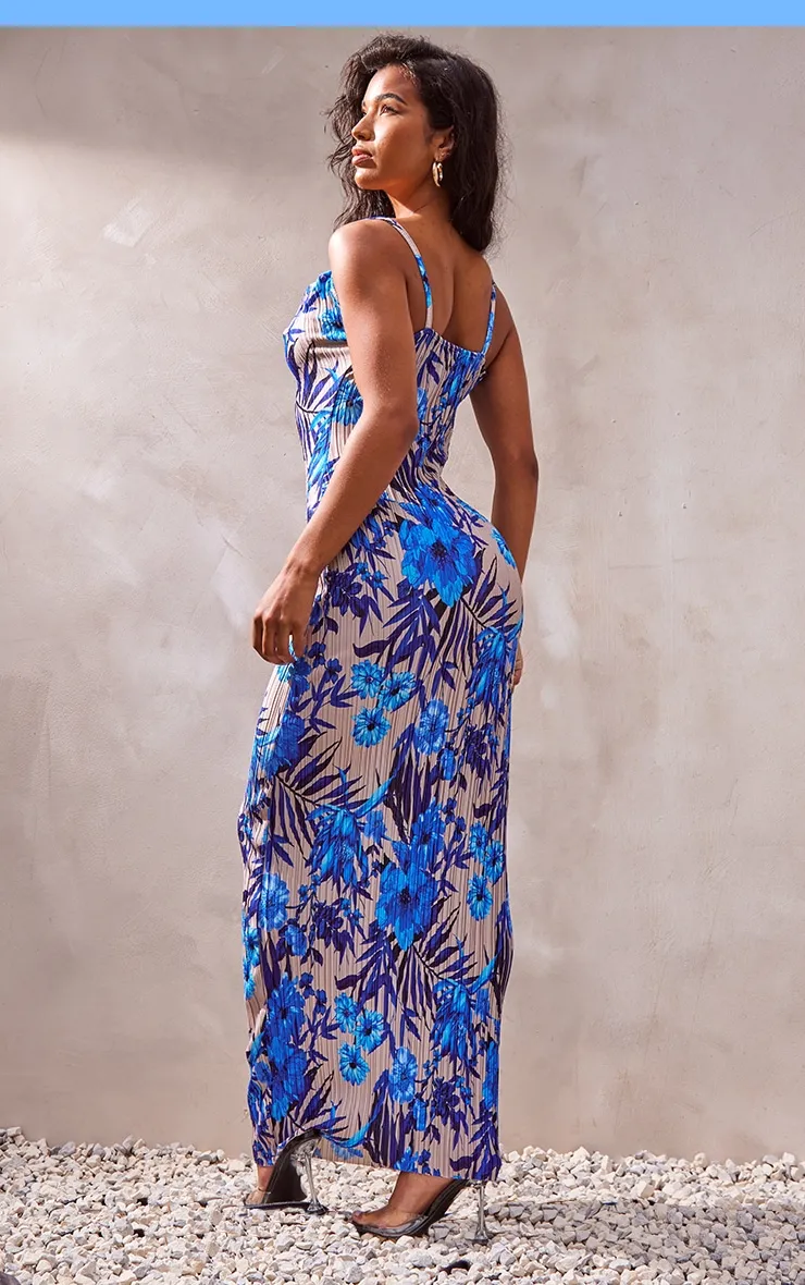 Robe longue plissée fleurie bleue à bretelles