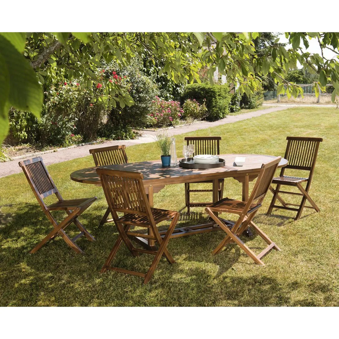 Salon de jardin HANNA en bois teck huilé 8/10 personnes - ensemble de jardin : 1 table ovale extensible 180/240*100 cm et