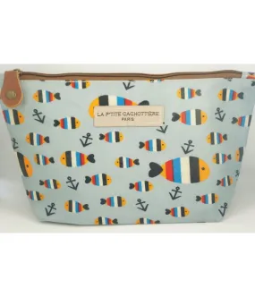 SANTAIA TROUSSE POISSONS RAYURES COTON BLEU CIEL PLASTIFIE IDEAL PLAGE