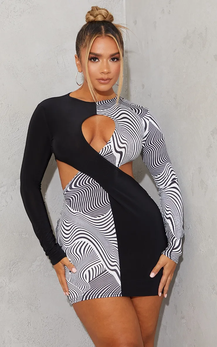 Shape Robe moulante imprimé tourbillons noir & blanc à parties contrastantes et détail croisé