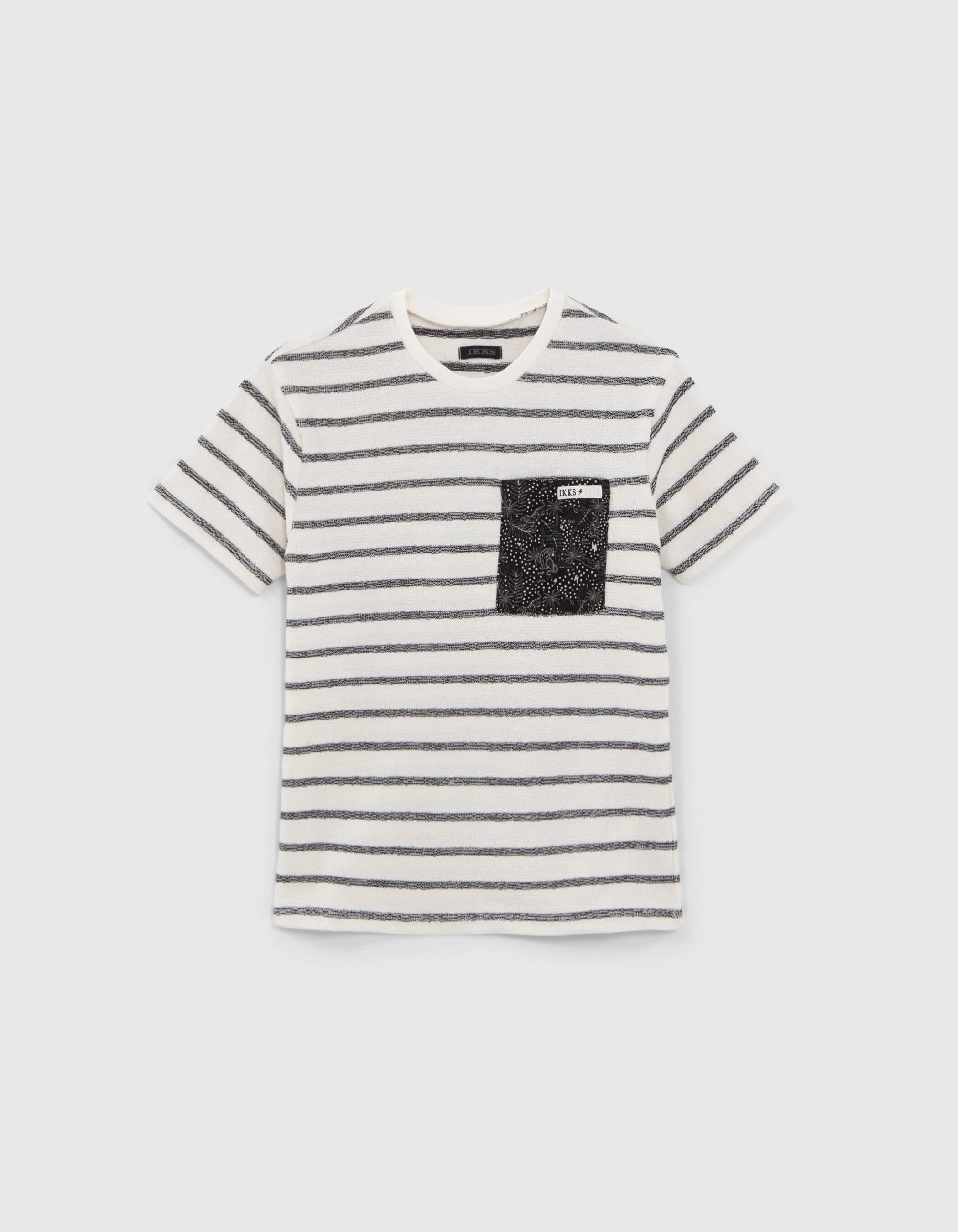 T-shirt écru rayures noires poche imprimée garçon