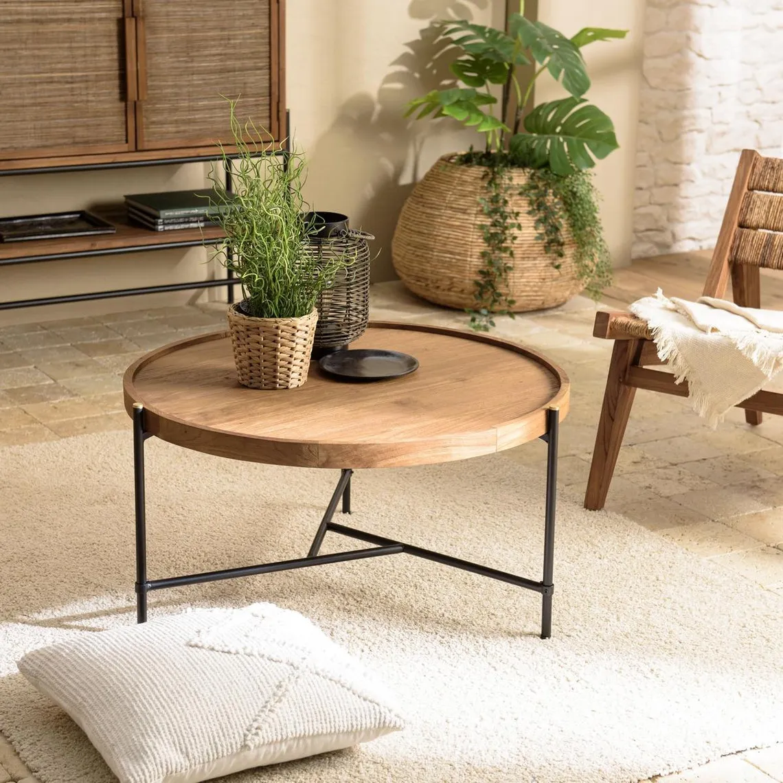 Table basse ronde 78x78cm plateau en bois de teck recyclé  | 3 Suisses