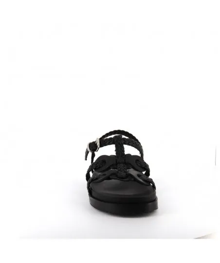 TEA SANDALE PLATE CUIR TRESSEE NOIR