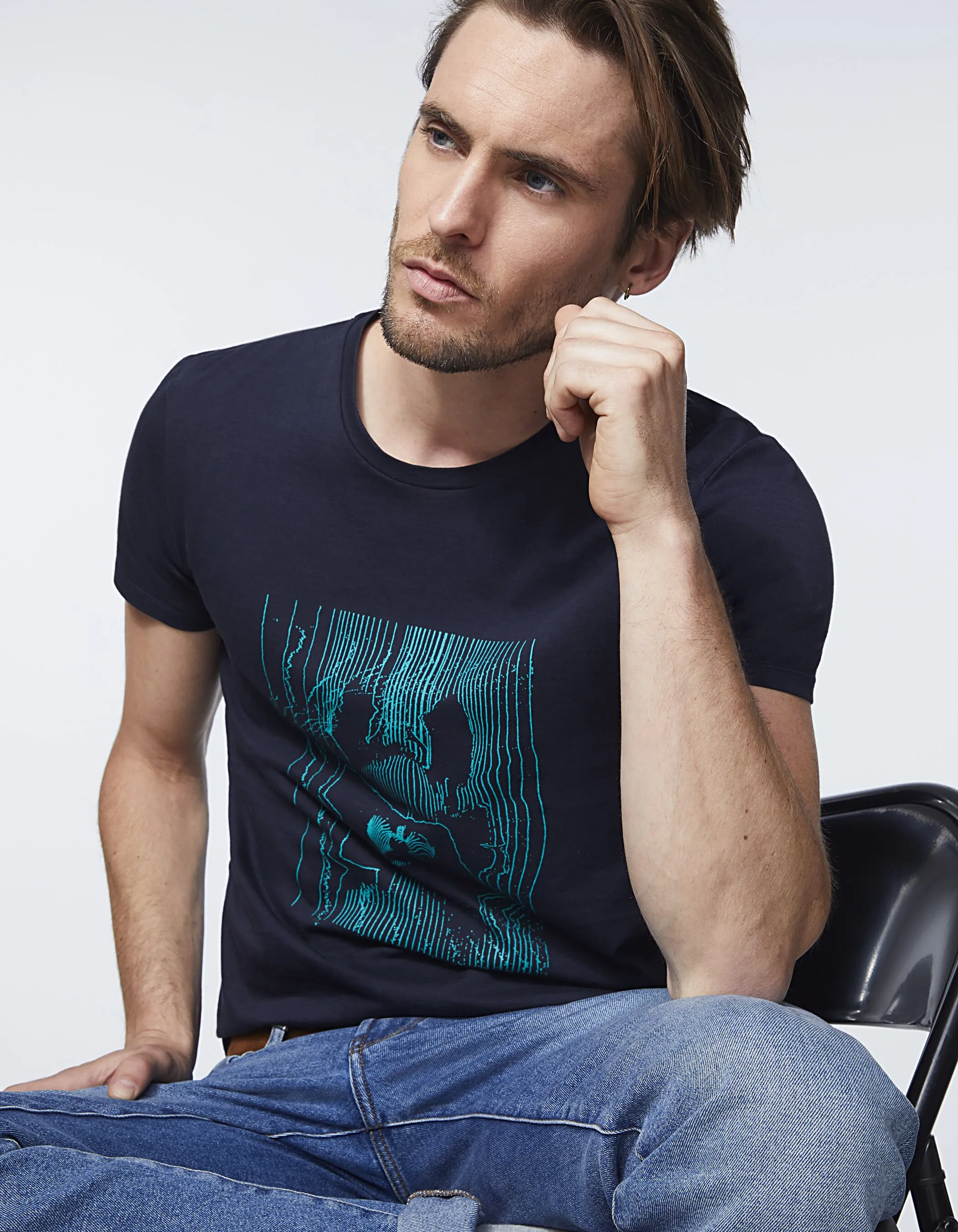 Tee-shirt bleu foncé à rayures-visage-samouraï Homme