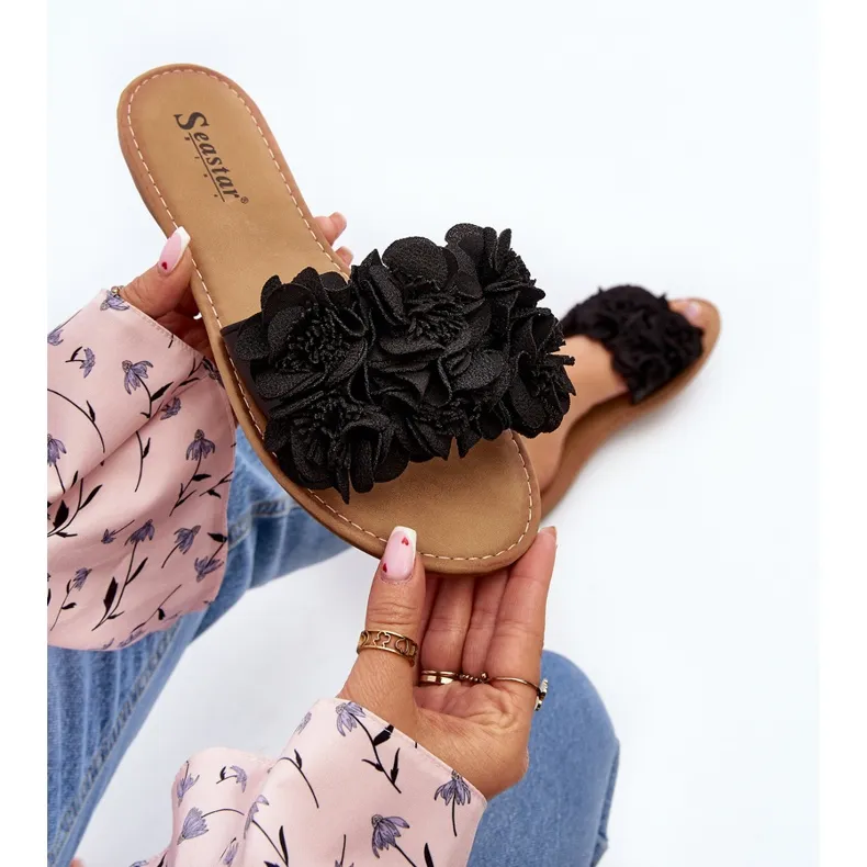 Tongs à fleurs pour femmes noires Eelfan le noir