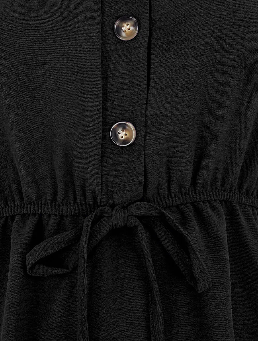 Top uni élastiqué et col boutonné - Noir